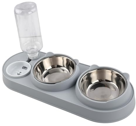 Gamelle Chat Surélevée 15° Double Bol avec Distributeur Eau Automatique 500ml - Set Gamelles pour Chats et Petits Chiens Antidérapant Anti-Vomissement - Protection Cervicale (Gris)