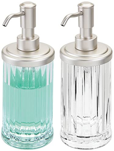 mDesign 2er-Set Seifenspender für Waschbecken oder Spüle – nachfüllbarer Pumpseifenspender mit 385 ml Fassungsvermögen – Badzubehör für Seife, Lotion oder Öle – durchsichtig und mattsilberfarben