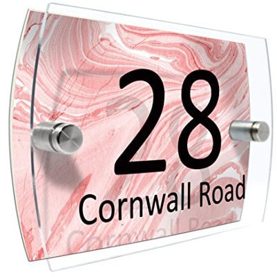 CS Printing House Number Sign Plaque Garden Glass Effect Acrylic Sign Door Plate Marble Wall Display 2 Part Branded Acrylic (Pink Marble)