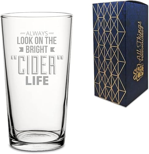 Engraved Conical Cider Glass - “Always Look on the Bright Cider Life” Pint Glass, 568ml - Beer Glass Gifts for Men for Birthdays, Christmas - Laser-Engraved, Dishwasher-Safe, Gift Box Included