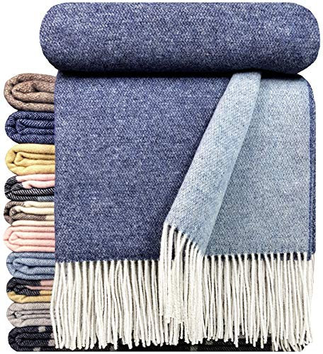STTS International Kaschmir Decke Wolldecke Wohndecke 100% Merinowolle - Kaschmir - Mix 140 x 200 cm sehr weiches Plaid Kuscheldecke Faro (Dunkelblau-Blau (Double face))