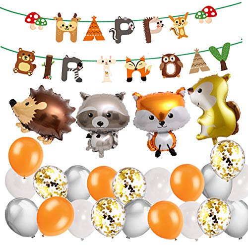 MAKFORT Tiere Geburtstag Dekoration Kinder Woodland Happy Birthday Banner Latexballon mit Blatt Tier Ballon für Jungen Mädchen