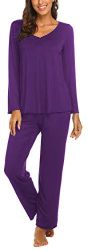 MAXMODA Donna Pigiami Due Pezzi Maniche Lunghe Autunno Pigiama Lungo Pajama Set, Viola, M