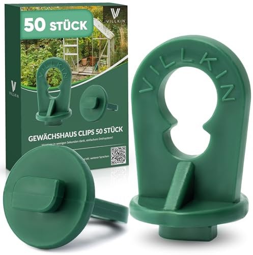 Villkin Gewächshausclips 50 Stück im Set mit extra starkem Halt und Ösen – Die beste Rankhilfe und der beste Pflanzenhalter für Ihr Gewächshaus – Gewächshaus Zubehör (50, Grün)