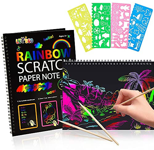 YASQZ Scratch Art Kratzbilder für Kinder, 2 Kratzbilder Papier mit 2 Holzstiften und 4 Zeichenschablonen, Kratzbilder Scratch Kratzbilder Kratzer Kratzbilder Set für Jungs Mädchen Kinder Erwachsene
