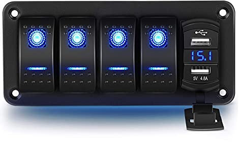 RUIZHI 4 Gang Pannello Interruttore a Bilanciere 12V/ 24V Interruttore a Levetta con Doppia Porta USB 5 Pin Rocker Switch Panel per Auto Marina