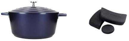 MasterClass Lightweight Casserole Dish with Lid, Cast Aluminium, Metallic Blue & MCMCASS3PC Pan Handle Sleeve Set for Cast Aluminium Casserole Pots, Easy Grip Silicone, 3 Pieces
