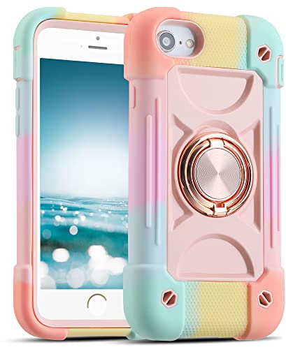 MARKILL Compatible with iPhone Se3/iPhone Se2,iPhone 6/6S Case,iPhone7/iPhone8 Case 4.7 Inch with Ring Stand, Heavy-Duty Military Grade Shockproof Phone Cover for Kids Girls. (Rainbow Pink)