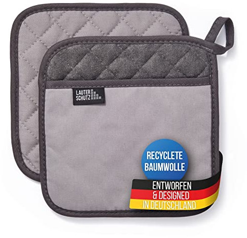 LauterSchutz® 1 Paar Topflappen - extra weiche, waschbare & recyclete Baumwolle mit Grifftasche für die Hände [Hitzebeständig bis 250°C] Topfhandschuhe zum Kochen & Backen (Grau)
