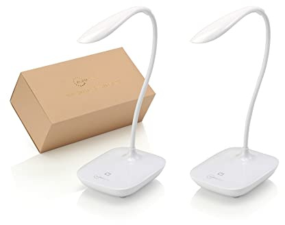 Auraglow Wireless Rechargeable Flexible Adjustable Gooseneck LED Desk Lamp, Touch Control Dimmable Reading Light for Home, Office, Work and Study - White - 2 Pack