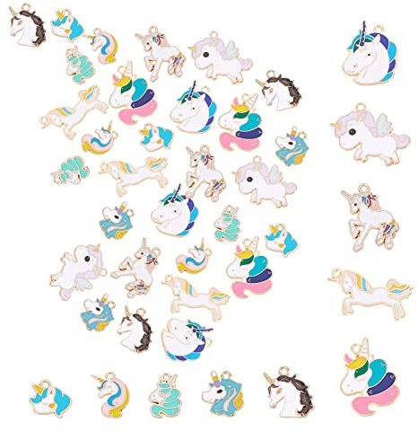 SUNNYCLUE 1 Box 40 Stück 10 Stile Einhorn Charms Legierung Emaille Anhänger Verschiedene Vergoldete Einhorn Charms Zubehör Für Halsketten Armbänder Ohrringe DIY Schmuckherstellung Kunsthandwerk