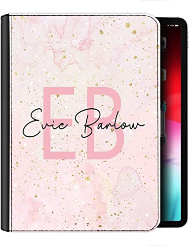 Personalised Initial Case For All Apple iPad Models 10, 9, 8, 7, 6, Air 11, Pro 12.9,13 inch, Mini, Baby Pink Marble Name Rose Pink Initials Name, 360 Swivel PU Leather Side Flip Folio Cover