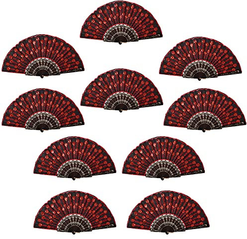 URFEDA 10 Stück Handfächer Fächer Falten Fans Faltfächer Klappfächer Taschenfächer Gatsby Spanierin Fächer mit Pailletten Bestickter Pfau für Wanddekoration Geschenke Hochzeit Kostüm Karneval