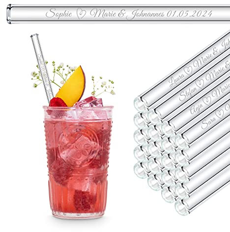 Gastgeschenke für Hochzeit mit 50 individuellen Namen oder Texten graviert - Personalisierte Glasstrohhalme mit Gravur für Kommunion, Taufe, Abschied, Erzieherin oder Hochzeitsgeschenk