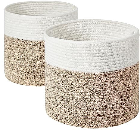 YOUDENOVA Korb Geflochten 2er Pack aus Baumwolle, Spielzeug Aufbewahrung für Kinderzimmer, Aufbewahrungskorb, Übertopf Korb für Wohnzimmer, Schlafzimmer 28(D) x28(H) cm, Weiß/Braun