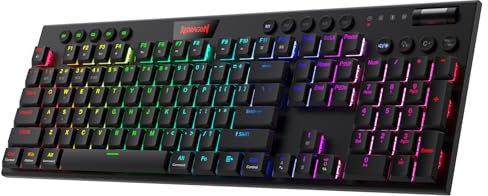 Redragon K618 Horus Mechanische RGB-Tastatur, BT/2.4ghz/kabelgebundene Tri-Mode Flache Tasten Gaming-Tastatur mit Kabelloser Verbindung, Dedizierter Mediensteuerung und Braune Schalter