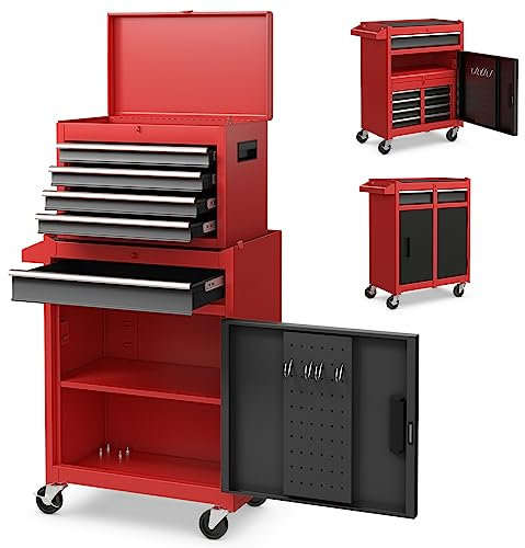 TANGZON Lockable Tool Cabinet, Rolling Tool Chest Combo with Wheels, Drawers, Hooks & Side Handle, Detachable Garage Workshop Tool Cart Trolley (without Middle Compartment, Black+Red)