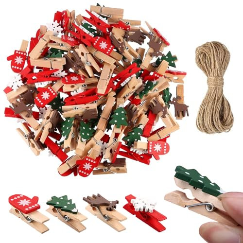 MILIAFLICK Lot de 50 petites pinces à linge en bois de Noël - Pour Noël, sapin de Noël, flocon de neige, renne - Gants - Pinces en bois - Pinces décoratives de Noël