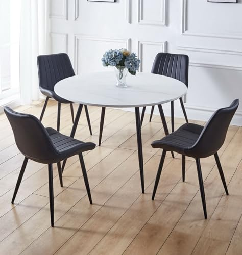 Hallowood Furniture Cullompton 120cm Round Dining Table and Chairs Set 4 | White Marble Effect Kitchen Table and Chairs Upholstered in Black PU Leather and Metal Legs, Easy Assembly Dining Room Sets