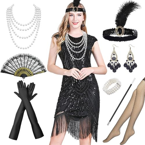 Antsparty 20er Jahre Kostüm Damen Gatsby Kleid, 1920er Charleston Kleid mit 20er Jahre Accessoires, Vintage Gatsby Karneval Kostüm Damen Faschingskostüme