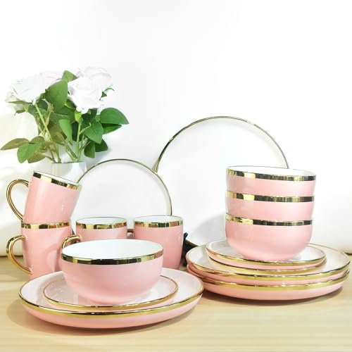 Service de table rose pour 4 personnes en céramique, 16 pièces de luxe avec bord doré, service de vaisselle moderne pour mariage, Noël, anniversaire de mariage, résistant aux fissures | Passe au