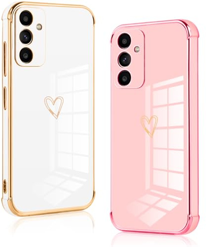 Vauki 2 Pezzi Cover per Samsung Galaxy A14 5G 6.6, Custodia con Motivo Cuore Love, Antiurto Ultra Silicone TPU Morbida Case con Protezione Della Fotocamera Ragazzi e Ragazze, Bianco e Rosa