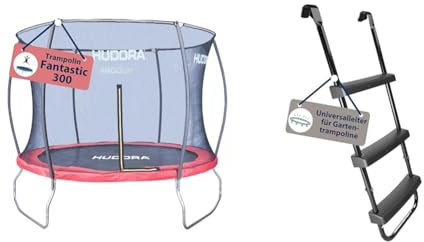 HUDORA Trampolin Fantastic in versch. Größen - Gartentrampolin mit Sicherheitsnetz & Universalleiter - Rutschhemmende Trampolinleiter mit Breiten Stufen
