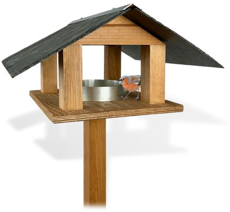 GARTENETAGE Elegantes Vogelhaus mit Schieferdach – Mediterranes Flair und robuste Handwerkskunst, Hygienische Futterstelle, Vielseitiger 2-in-1 Ständer, Stabil und Langlebig, Einfache Reinigung