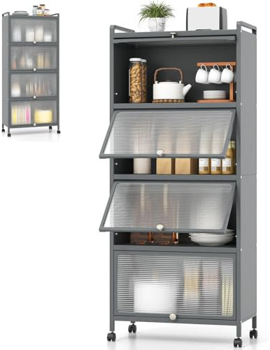 TANGZON 5-Tier Kitchen Pantry Cabinet, Metal Frame Utility Storage Shelf Organiser with Visible Flip-up Doors & Wheels, Freestanding Storage Cabinet Rack for Living Dining Room Office (Grey)