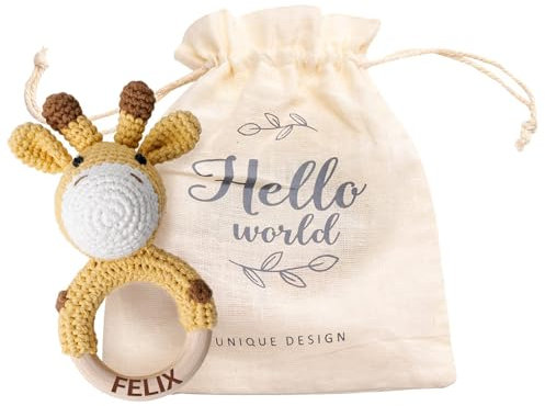 Mamimami Home Gehäkelte Babyrassel mit Namen - Individuelles gehäkeltes hölzernes Greifspielzeug Babyrassel für Jungen und Mädchen Handgemachtes Geburtsgeschenk (Giraffe, geschnitzt)