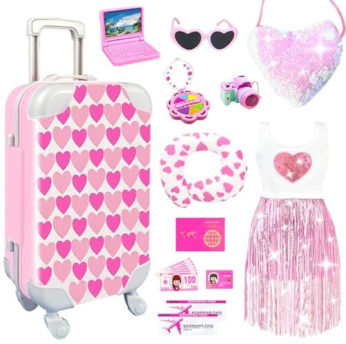 20Pcs 18 Inch Girl Doll Accessories Case Luggage Travel Play Set with Clothes, Bag, Travel Pillow, Glasses, Computer, Pretend Makeup Toy, Stuff for 18 Inch Doll - Christmas Birthday Gift