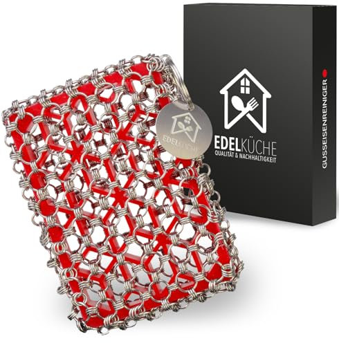 EdelKüche Premium Gusseisenreiniger für Dutch Oven | Ringreiniger für Wok, Bräter, Grillrost, Gussrost & Pfanne | Edelstahl-Kettenschrubber, Kettenschwamm, Topfreiniger & Stahlschwamm, Zubehör