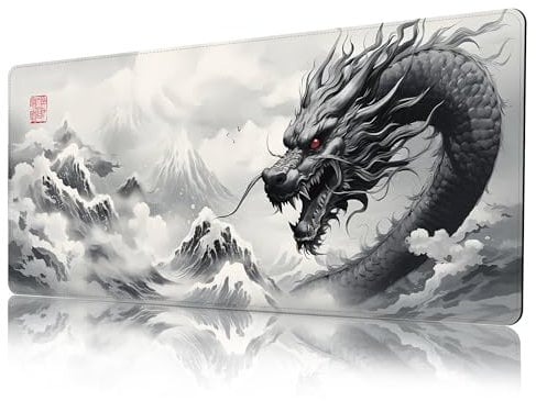 ProbTis Grand tapis de souris, de bureau japonais, de clavier de jeu XXL à motif animé, décoration orientale, grand protecteur pour bureau à domicile, 90 x 40 cm, motif dragon noir et blanc