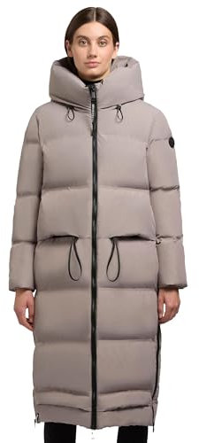 khujo Damen Wintermantel Warmer Steppmantel lang mit hohen Gehschlitzen und Kapuze Aroma-YM Greige Gr. M
