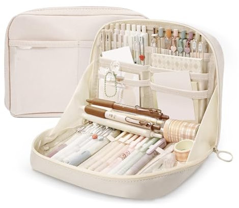 Lucxhcky Federmäppchen mit großem Fassungsvermögen, Organizer, College-Federmäppchen, Schulmäppchen, Beige/Weiß