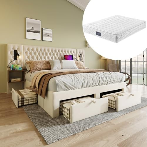 Bettanlage Schlafzimmer Komplett Set, Polsterbett Doppelbett Stauraumbett 160×200 cm mit 2 Nachttischen&4 Schubladen, Extrabreiter Kopfteil mit Leselicht&USB Ladefunktion, Samt, Mit Matratze, Beige