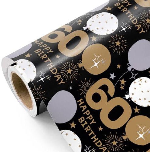 WRAPAHOLIC Geschenkpapier zum 60. Geburtstag, Mini-Rolle, 43,2 cm x 10,2 m, schwarz-goldenes Ballon-Design für Geburtstag, Party, Urlaub