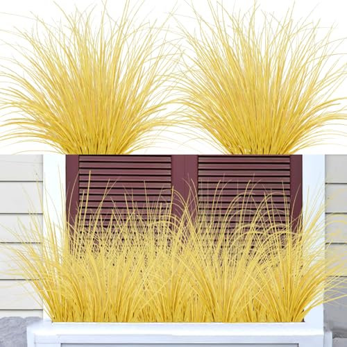 RXKFIGX 12PCS Artificial Grass Plants, Fake Bushes Artificial Shrubs Wheat Grass Greenery Artificial Greenery Stems,Outdoor Artificial Plants for Indoor Outdoor Window Box Garden Decor (Yellow)