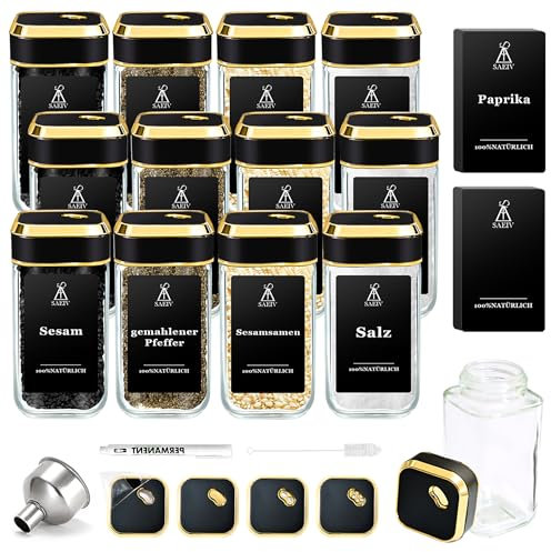 SIAZIH Gewürzstreuer mit Edel Schwarzgoldener Deckel, Gewürzgläser Gold (12x120ml), Gewürzbehälter Set, Gewürzetiketten, Gewürzdosen Glas für die Ordentliche Aufbewahrung von Gewürzen
