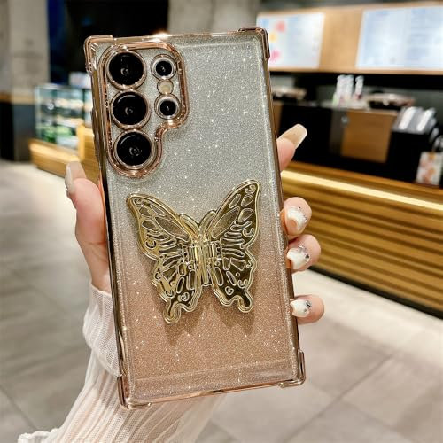 Altartar Handyhülle für Samsung Galaxy S22 Ultra Glitzer Hülle mit Ständer,Glitter Schmetterling Handyhülle Samsung S22 Ultra Schutzhülle Ultradünn Transparent Case Cover-Golden