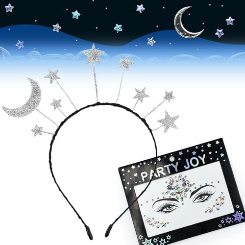 FUKPO Serre-tête de carnaval à paillettes pour femme - Serre-tête lune étoiles filles enfants blanc argenté étoile serre-tête strass visage pierres précieuses étoiles tatouages temporaires multicolore