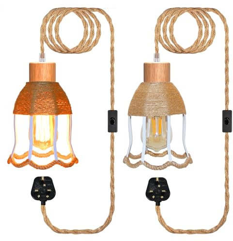 2 Pack Hemp Rope Plug in Pendant Lighting Kit, 500 CM Cable E26/E27 Lamp Holder with Switch, Include White Flower Shaped Metal Lampshade, Plug in Ceiling Light, Hanging Rope Light Fitting, No Bulb