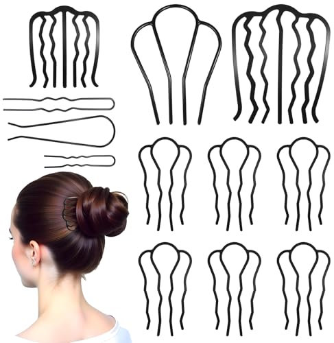 Wanmu 12 Pcs Metal Hair Side Combs Hair Fork Clip French Hair Comb Updo Hair Stick for Women and Girls, U Shape Twist Hair Tool for Vintage Hairstyle Hair Accessories, Thick&Fine Hair Combination