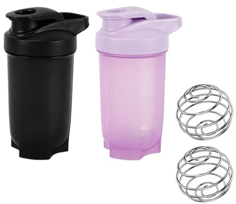 HarnyLoom Eiweiß Shaker Flasche 500 ml, 2 Stück Shaker Becher Proteinshake mit Mixerkugel Skala Auslaufsicherer Langlebiger Workout Wasserbecher für Fitness Sport Getränkeflaschen (Schwarz+Lila)