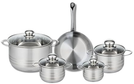 ELO 9868550 Batterie de cuisine 5 pièces, Ensemble de 1 Poêle de cuisson 24 cm et 4 faitouts 12, 14, 16 et 24 cm Elo Profi Brillant, inox, induction, Gris Perle