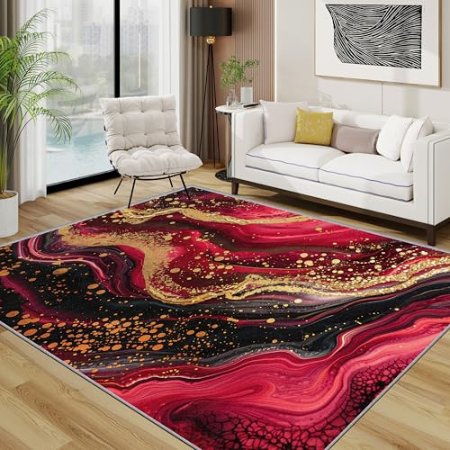 TerroVee Marmor Teppich Wohnzimmer 160x230 cm, Rot Gold Abstrakt Luxus Teppiche, Modern Kunst Waschbar Kurzflor Groß Teppiche Für Schlafzimmer Kinderzimmer, Rot Gold
