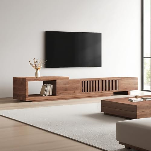 LineCrispton Mid Century Modern TV Stand Cabinet - Extendable TV Unit for 75 Inch Television & Up, Media Units with Storage for Living Room (Walnut, Length 200-262cm)