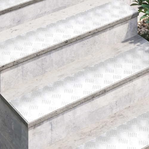 Gecheer Aluminium Checker Plate Stair Treads - Silver Geometric Design, 100 x 20 cm, Indoor/Outdoor Safety Grip Model4104267