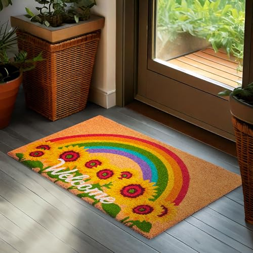 BRUBAKER Fußmatte für Außen und Innen - Wetterfest & rutschfest - Türmatte | Welcome mit Sonnenblumen und Regenbogen - 45 x 75 cm Blumen Schmutzfangmatte aus 100% Kokos - Antirutsch Fußabtreter