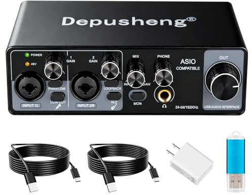 Depusheng USB Audio Interface with ASIO Drivers, 24Bit 192Khz, Phantom Power +48v, Low Latency for Home Studio Recording, PC/MAC Compatible (2 CHANNEL)
